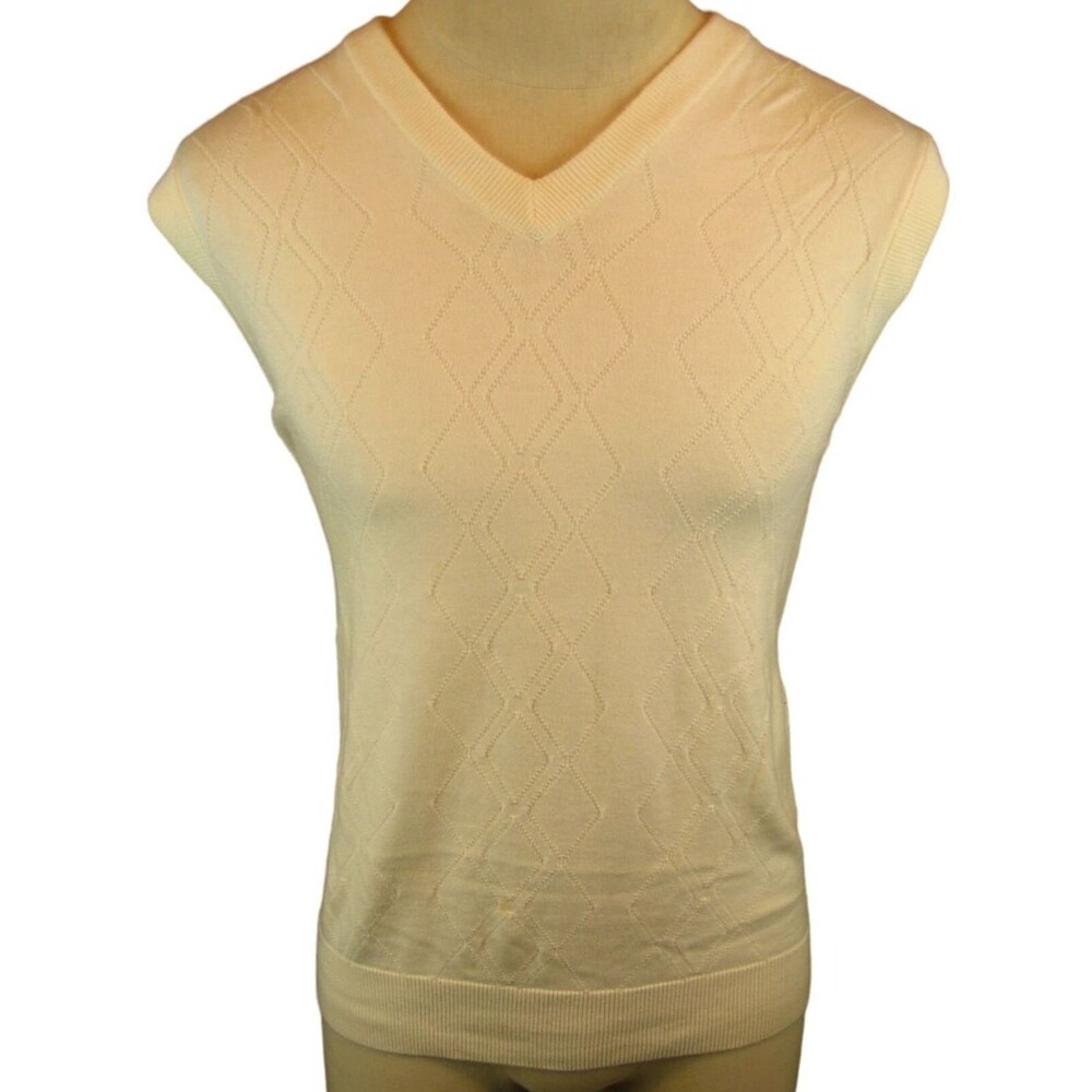 Mens Pro Tour Cream Windowpane Knit Cotton V-Neck Sweater Vest sz L